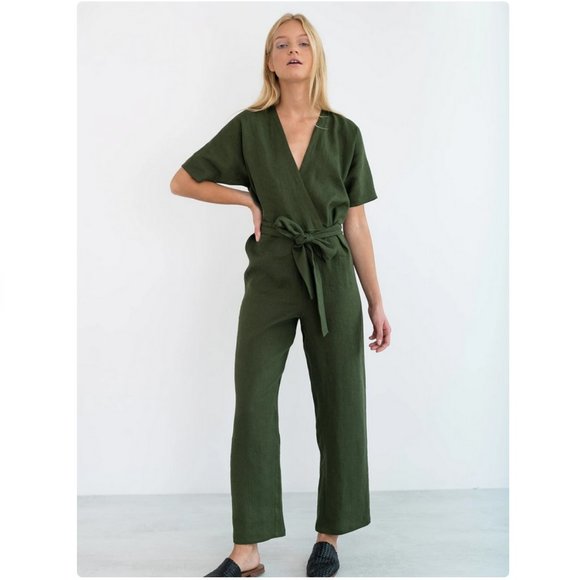 LOVEANDCONFUSE Pants - LOVEANDCONFUSE - Aurora Linen Jumpsuit in Forest Green
